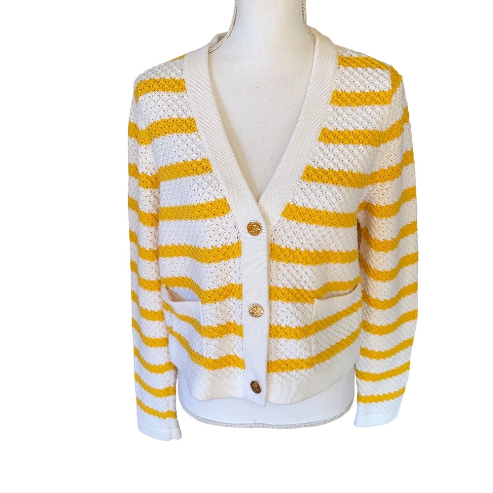 Draper James Butter Yellow White Striped Cardigan Large Preppy Southern Classic